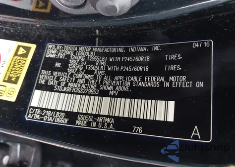 2016 Toyota Highlander Xle V6 из США, поврежденный, VIN 5TDJKRFH3GS279953